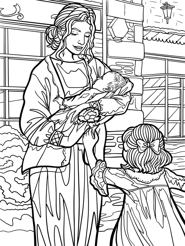 Sister presenting flowers to mother holding a baby