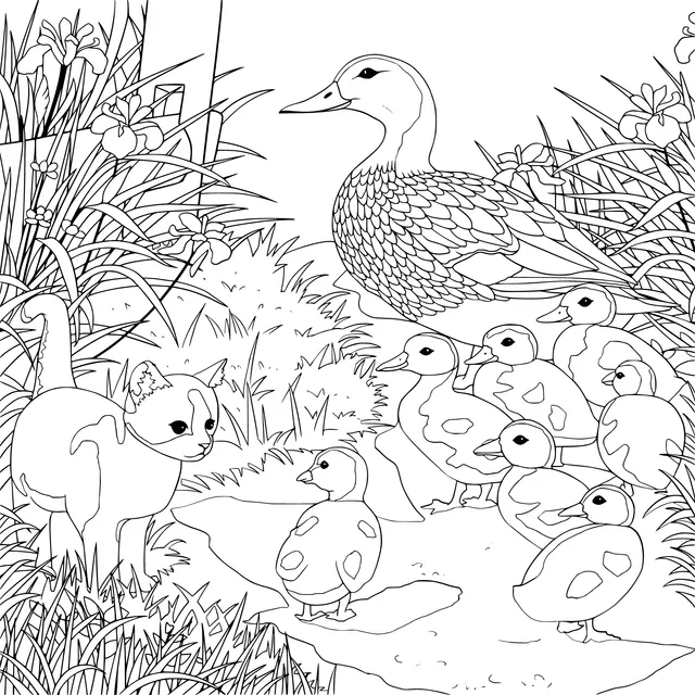 Cat, Mother Duck and Ducklings