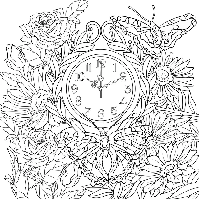 Clock Surrounded by Flowers and Butterflies
