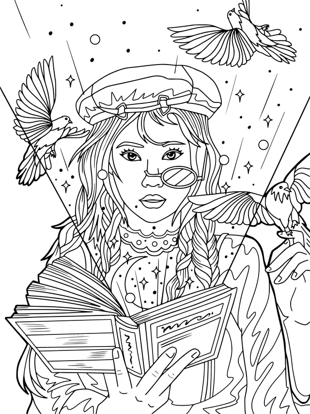 Fantasy Girl with Book and Birds