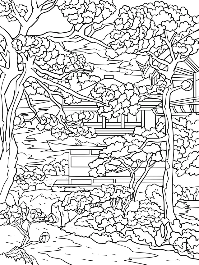 Cherry Blossoms and Ancient House under the Setting Sun