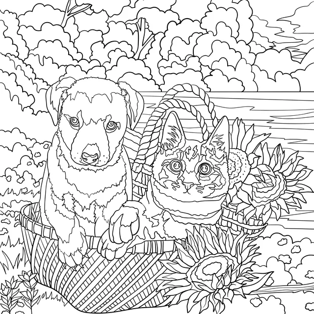 Dog and cat with sunflowers in a basket