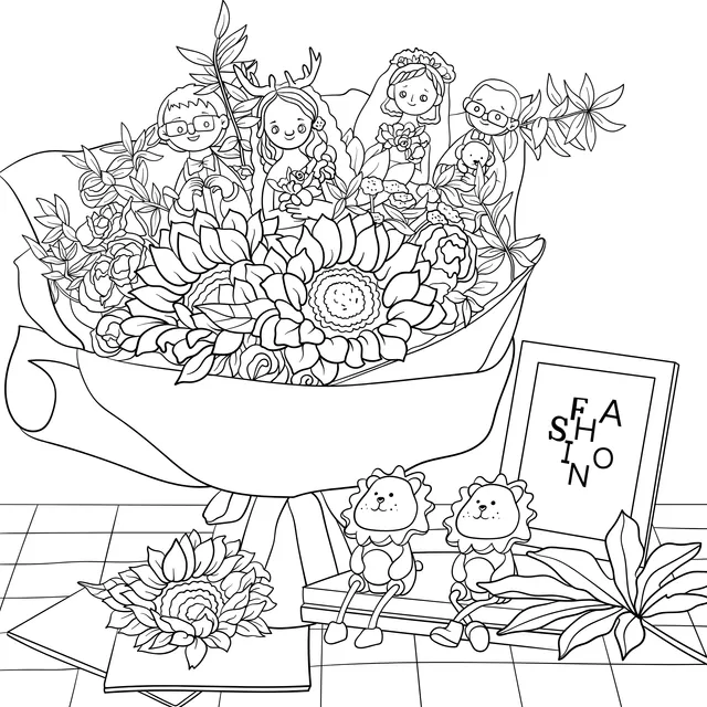 Characters and cute decorations in a bouquet
