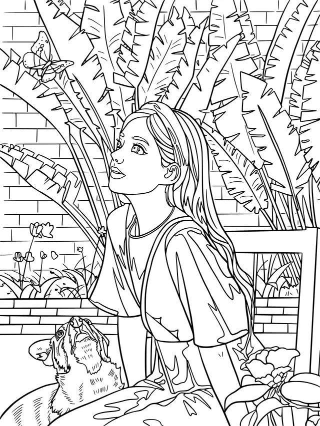 Girl and Corgi Admiring a Butterfly