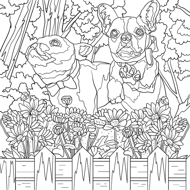 Two Puppies in the Flower Bed