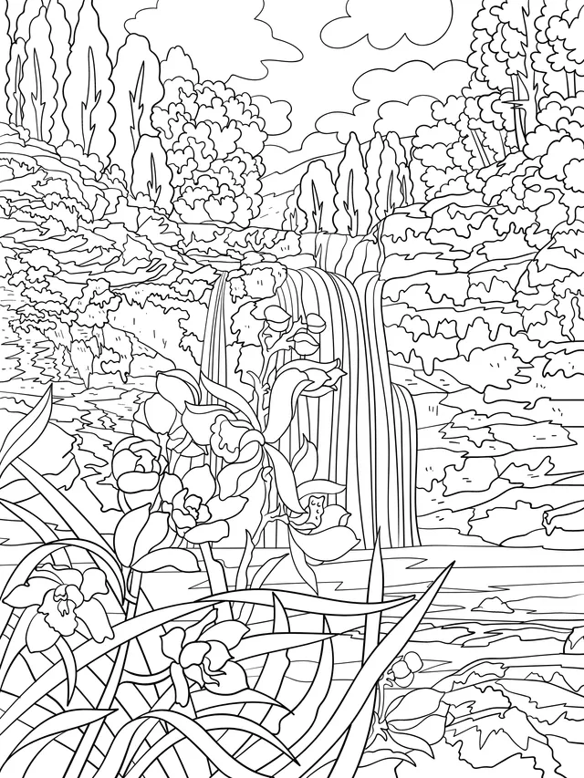 Blue - flower scene beside the waterfall