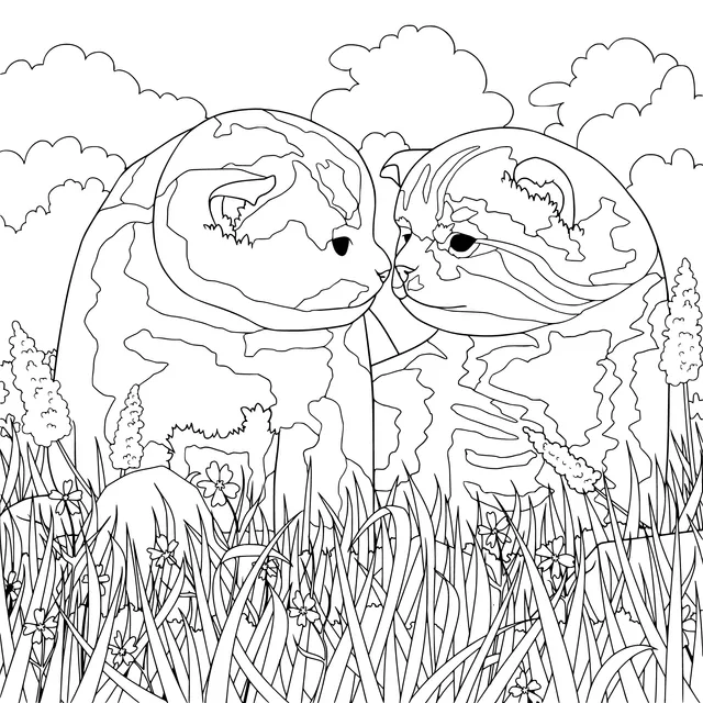 Two affectionate cats on the grass