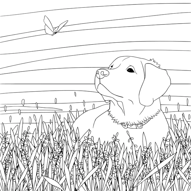 Dog and Butterfly on the Grass