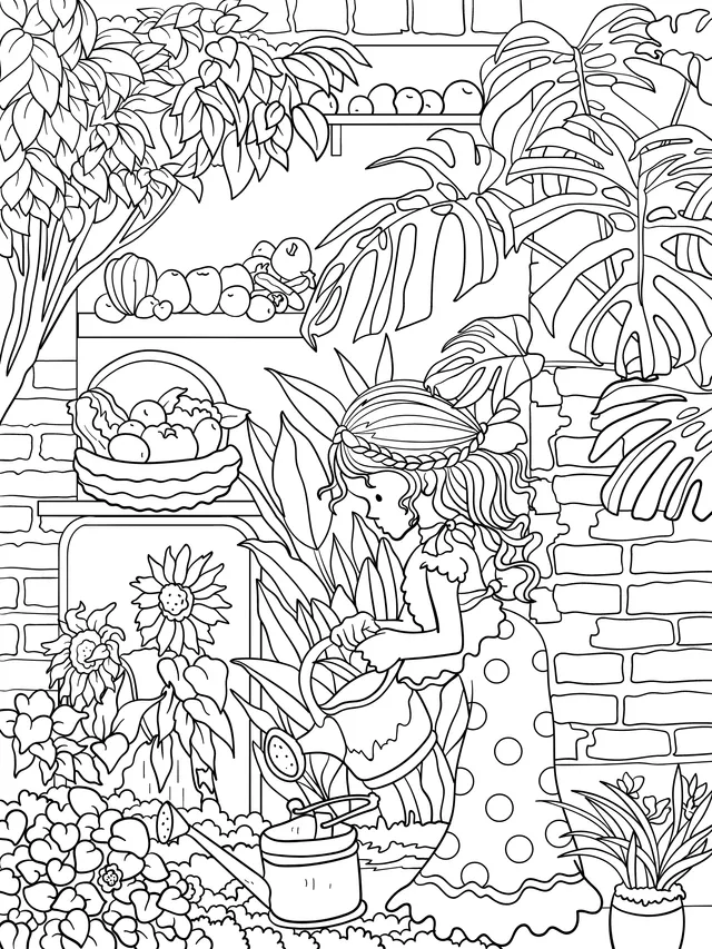 Girl watering flowers in the garden
