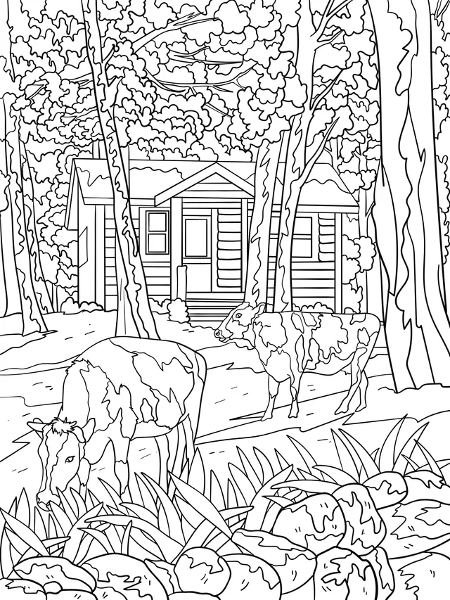 Cottage and Cows in the Autumn Forest