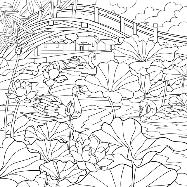 Arch Bridge and Swans on the Lotus Pond