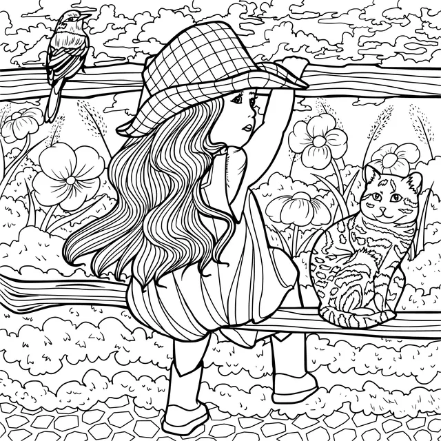 Girl and Cat by the Garden Fence