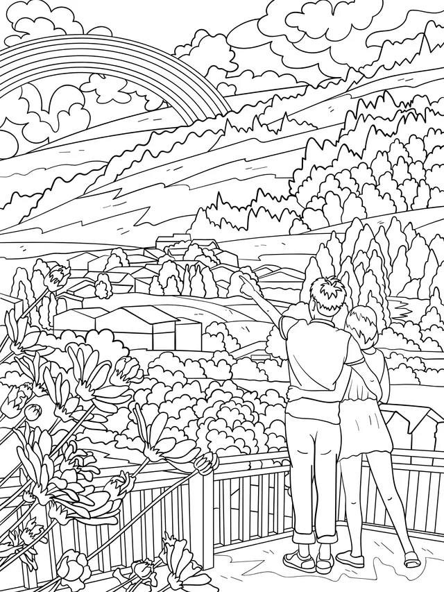 Couple enjoying the scenery and encountering a rainbow