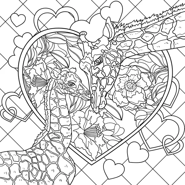 Giraffes and Flowers Surrounded by Hearts