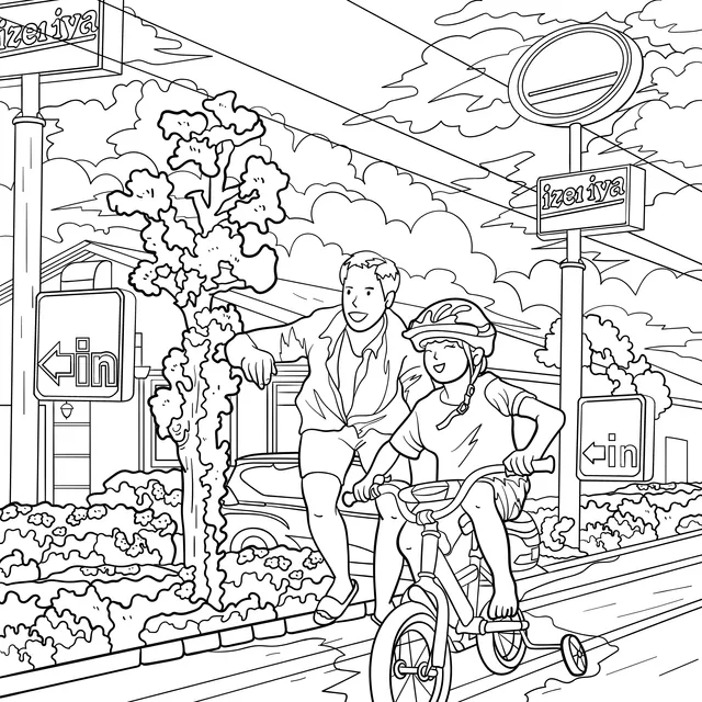 An elderly person accompanies a child to learn cycling