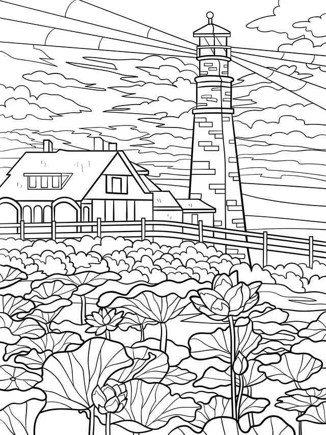 Lighthouse and Lotus Pond at Dusk