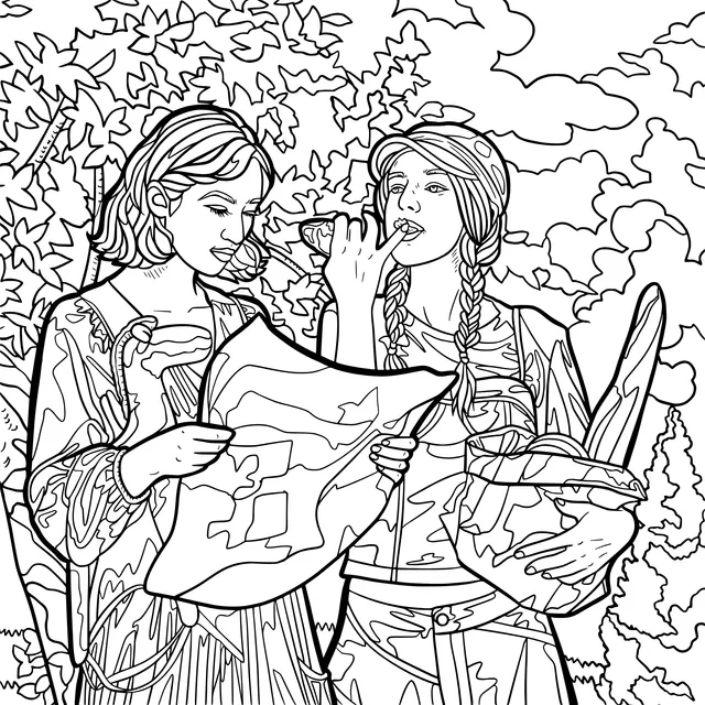 Two women looking at a map and eating in the forest