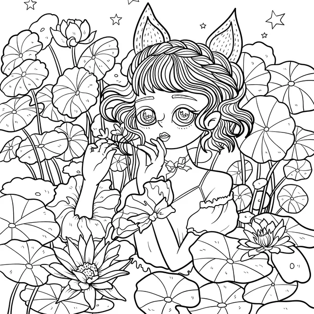 Cat - eared girl among the flowers