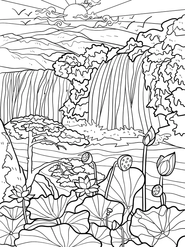 Beautiful Scenery of Lotus Pond by the Waterfall