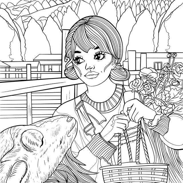 Rural Girl with a Basket and a Puppy