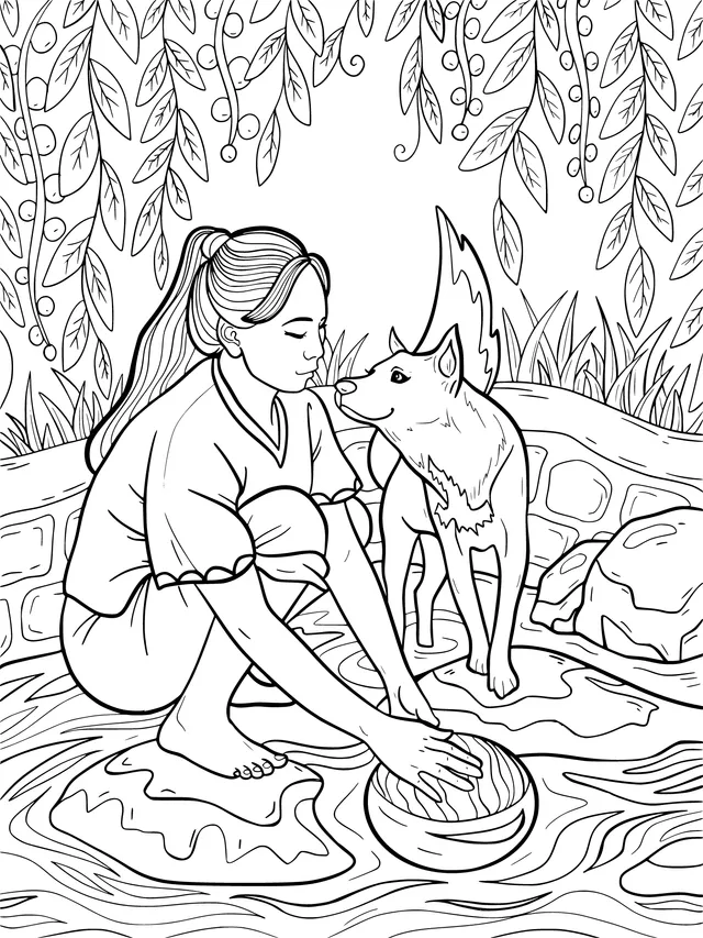 Girl and Dog by the Stream