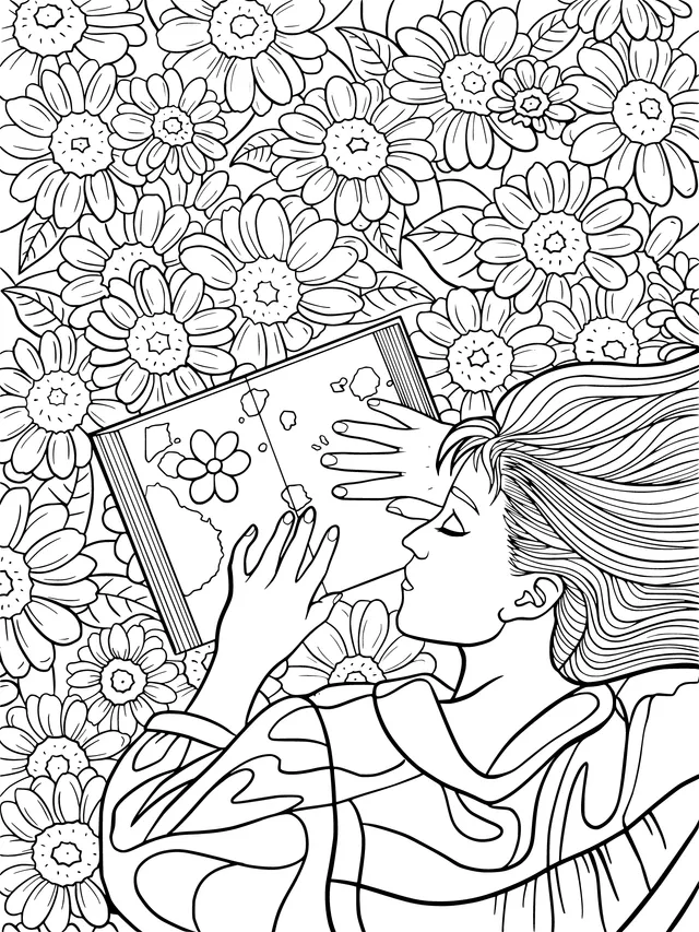 Girl Reading in a Flower Bed