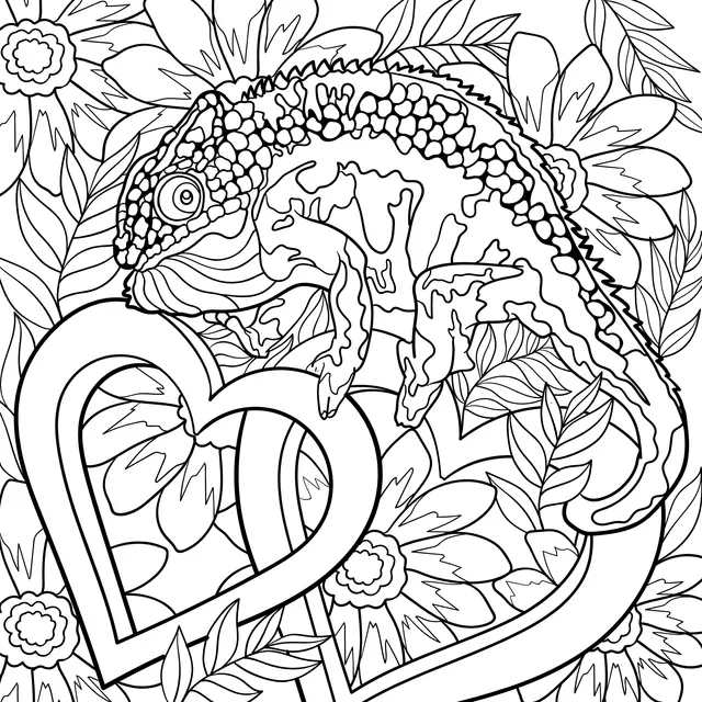 Chameleon and Heart - shaped Surrounded by Flowers