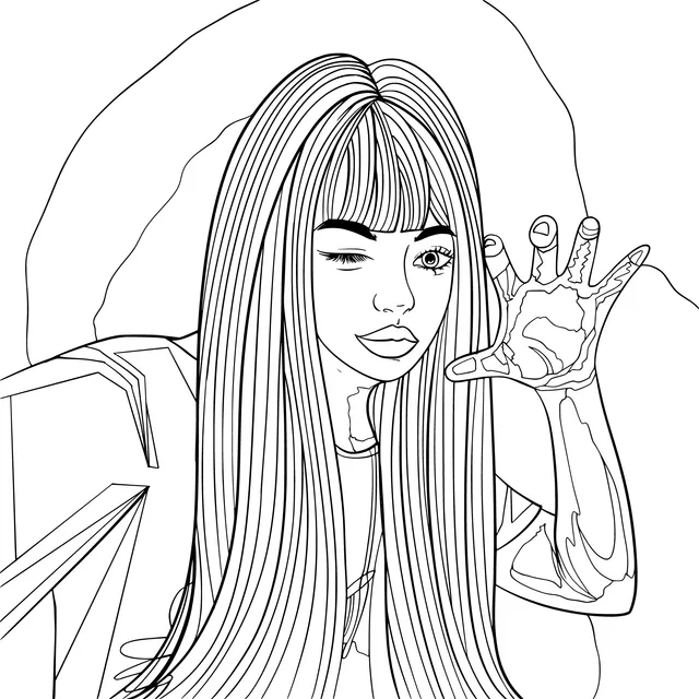 A Playful Gesture by a Long - Haired Woman