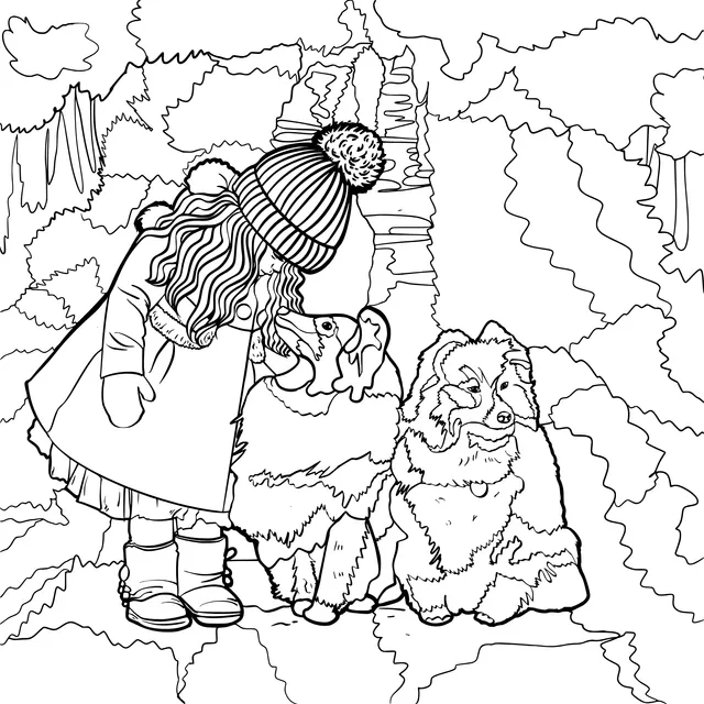 A girl and two collie - dogs on an autumn path