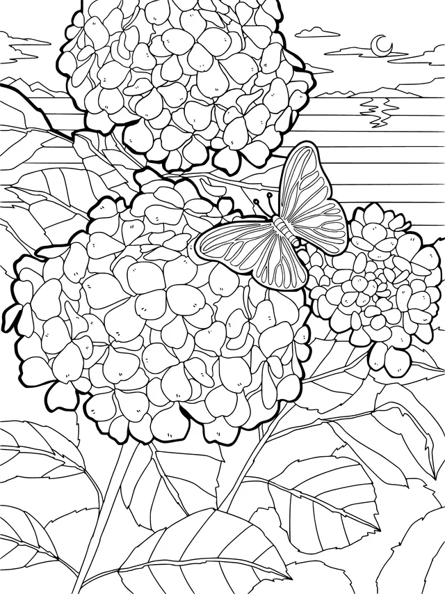 Hydrangeas and Butterfly under the Moonlit Night