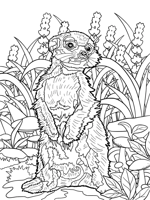 Meerkat standing beside flowers and mushrooms