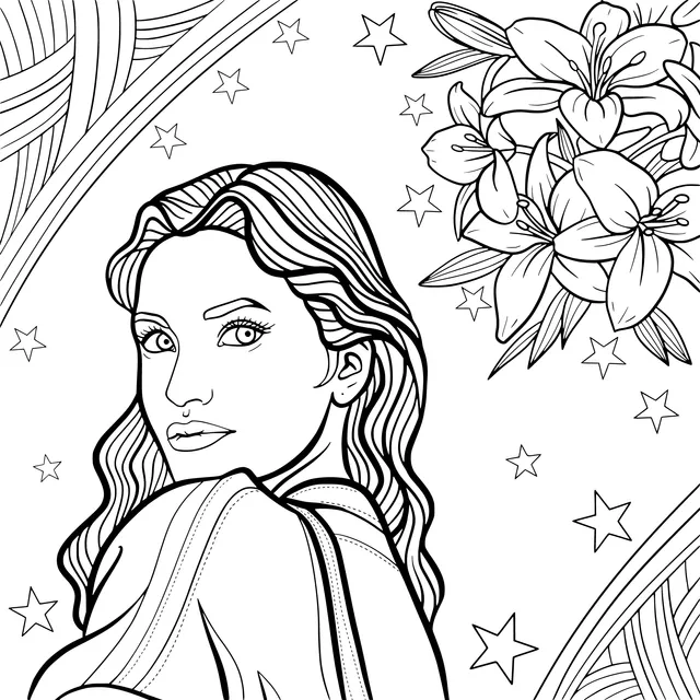 Woman Surrounded by Stars and Flowers