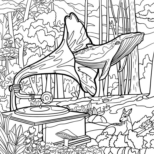 Gramophone and Flying Whale in the Forest