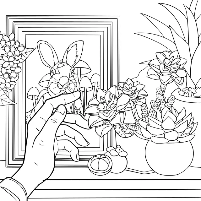 Hand, Rabbit in the Picture Frame and Succulent Plants