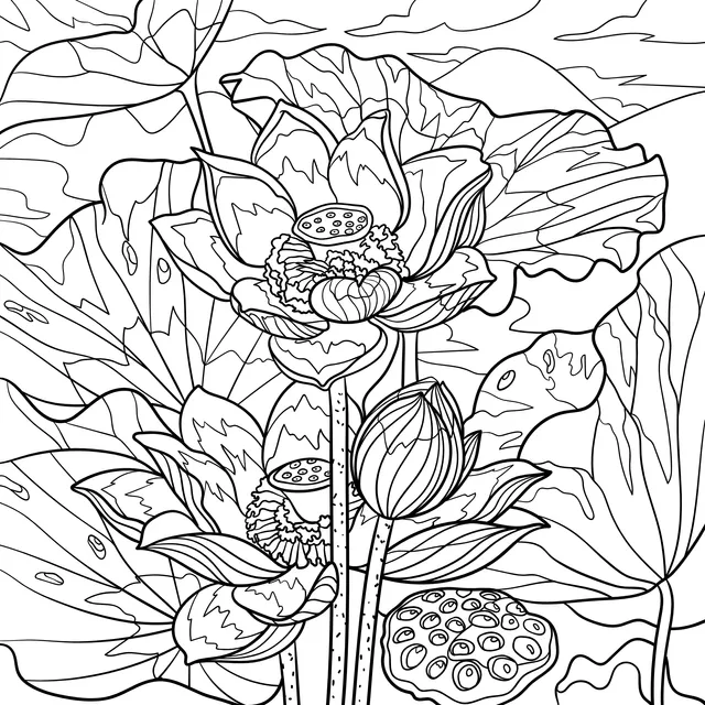 Beautiful Scene of Lotus Flowers and Leaves