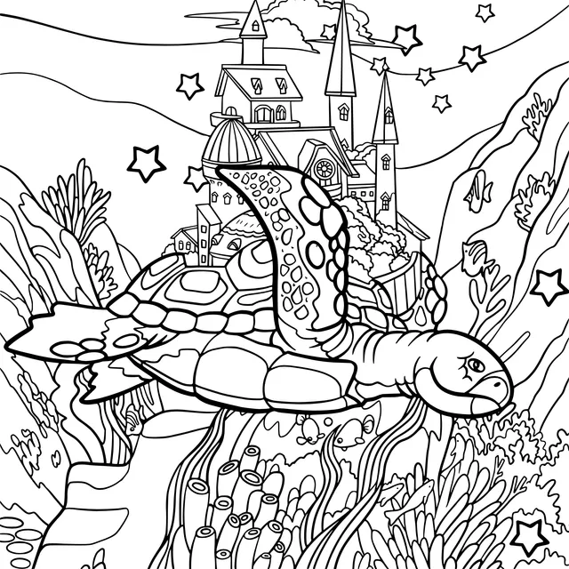 An underwater castle carried by a sea - turtle