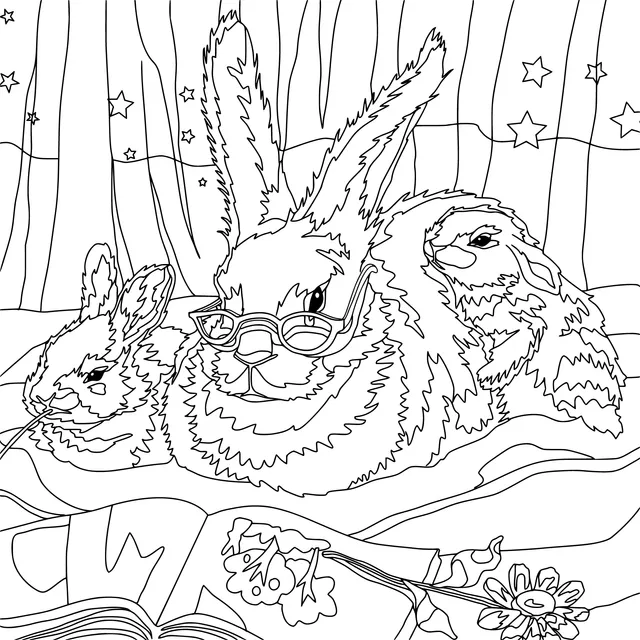 Mother Rabbit and Baby Rabbits' Reading Time