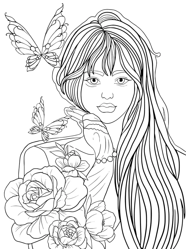 A Beautiful Girl Accompanied by Flowers and Butterflies