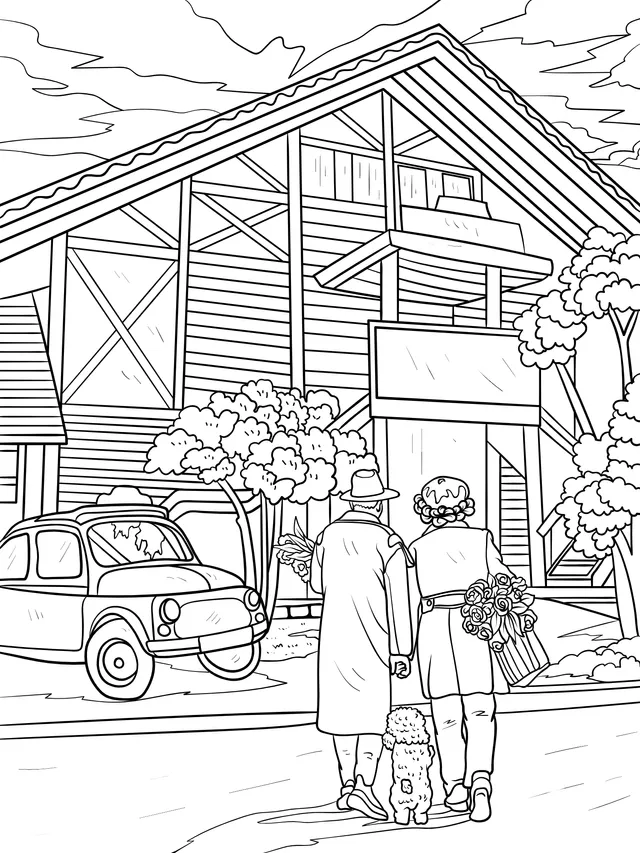 A couple and a dog walking towards a wooden house