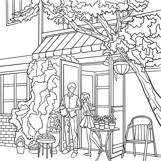 Man and woman watering flowers outdoors