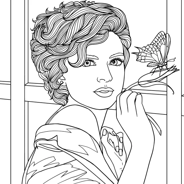 Purple - haired woman holding a flower with a butterfly