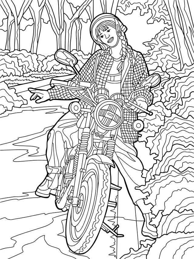 Woman riding a motorcycle in the forest