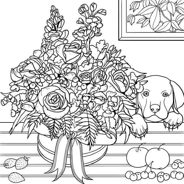 Puppy and Colorful Flower Bouquet