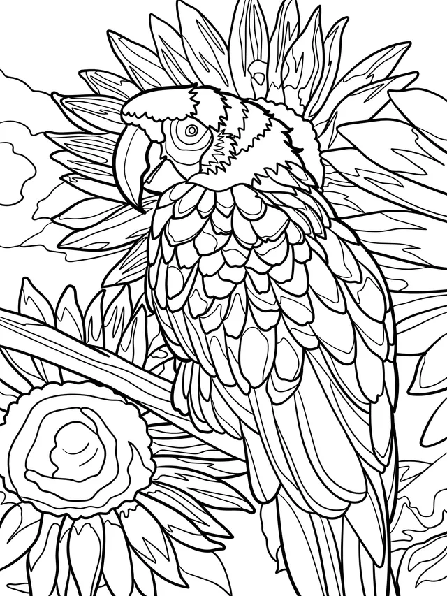 Colorful Parrot beside Sunflowers