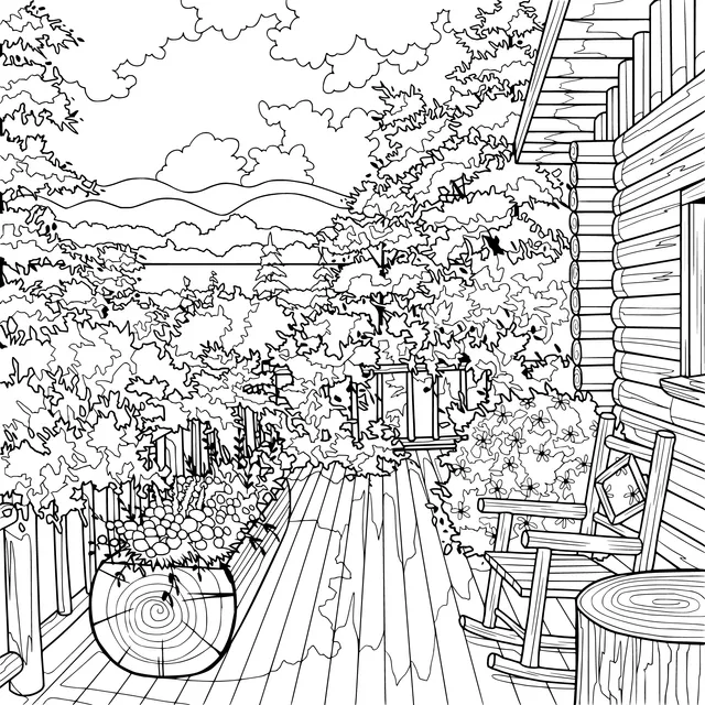Beautiful Scenery of a Wooden - house Terrace in Autumn
