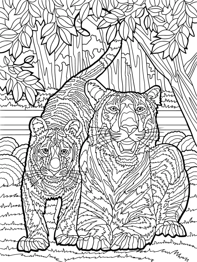 Mother - cub tigers in the forest