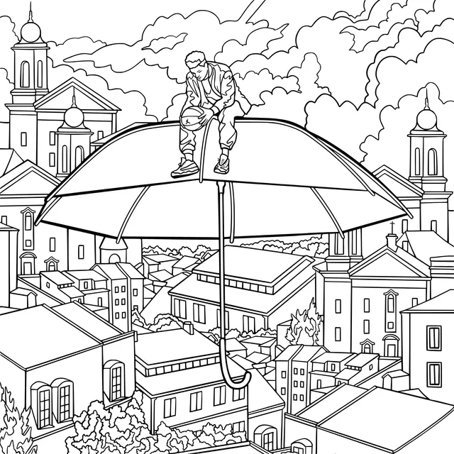 Person on an umbrella hovering above the city