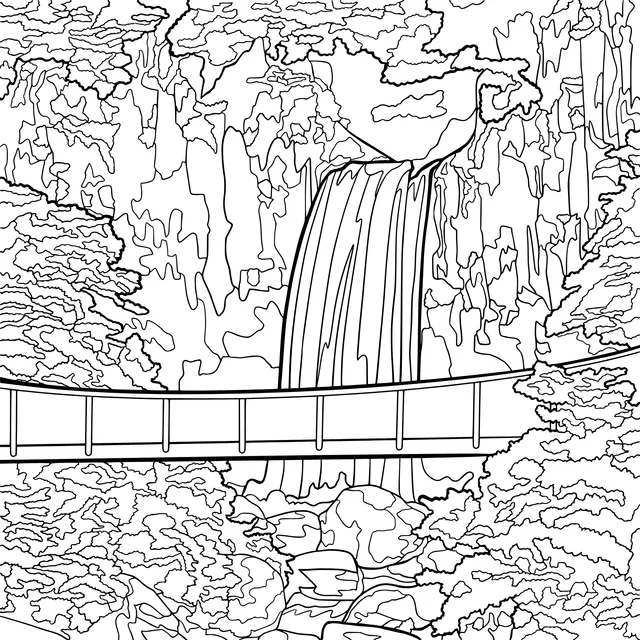 Waterfall and Wooden Bridge in the Forest