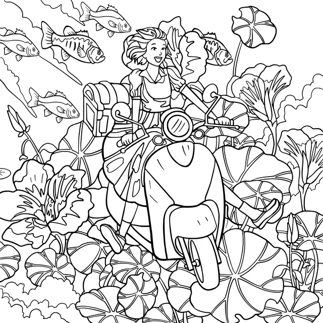 A lady riding a scooter among flowers and goldfish