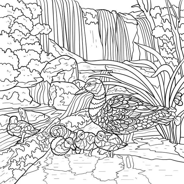 Mother duck and ducklings beside the waterfall